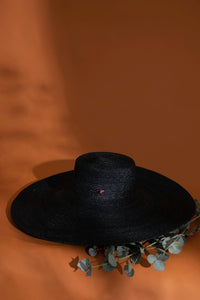 "009" Extra Wide Brimmed Stitch Straw Hat - Black